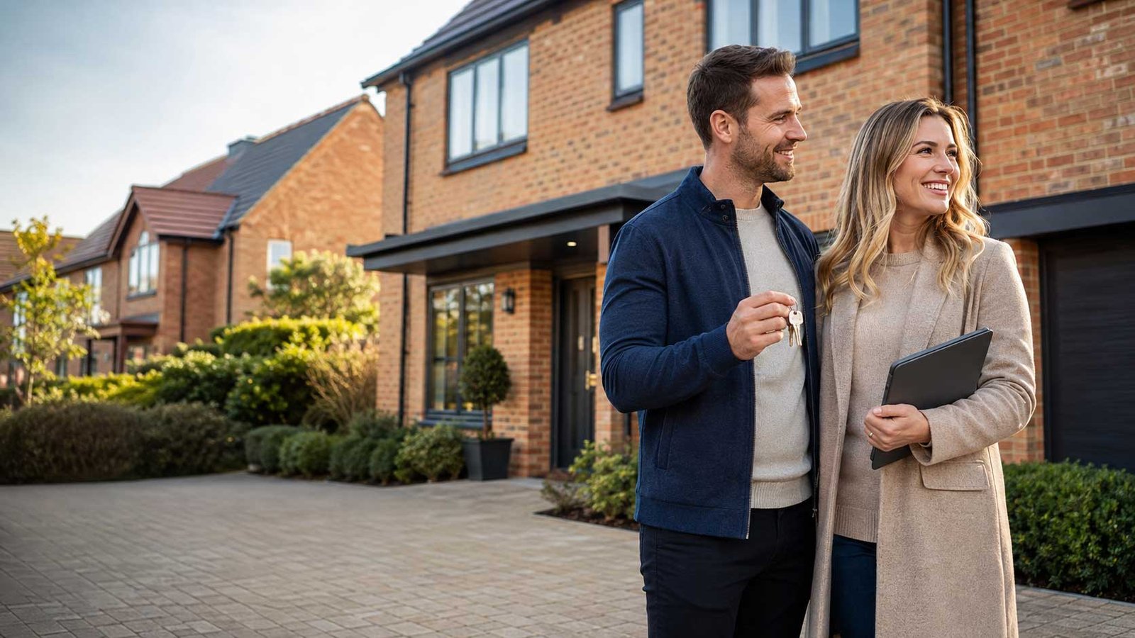 British couple outside a modern UK home holding keys and mortgage documents, representing first-time buyer mortgages and remortgage advice.