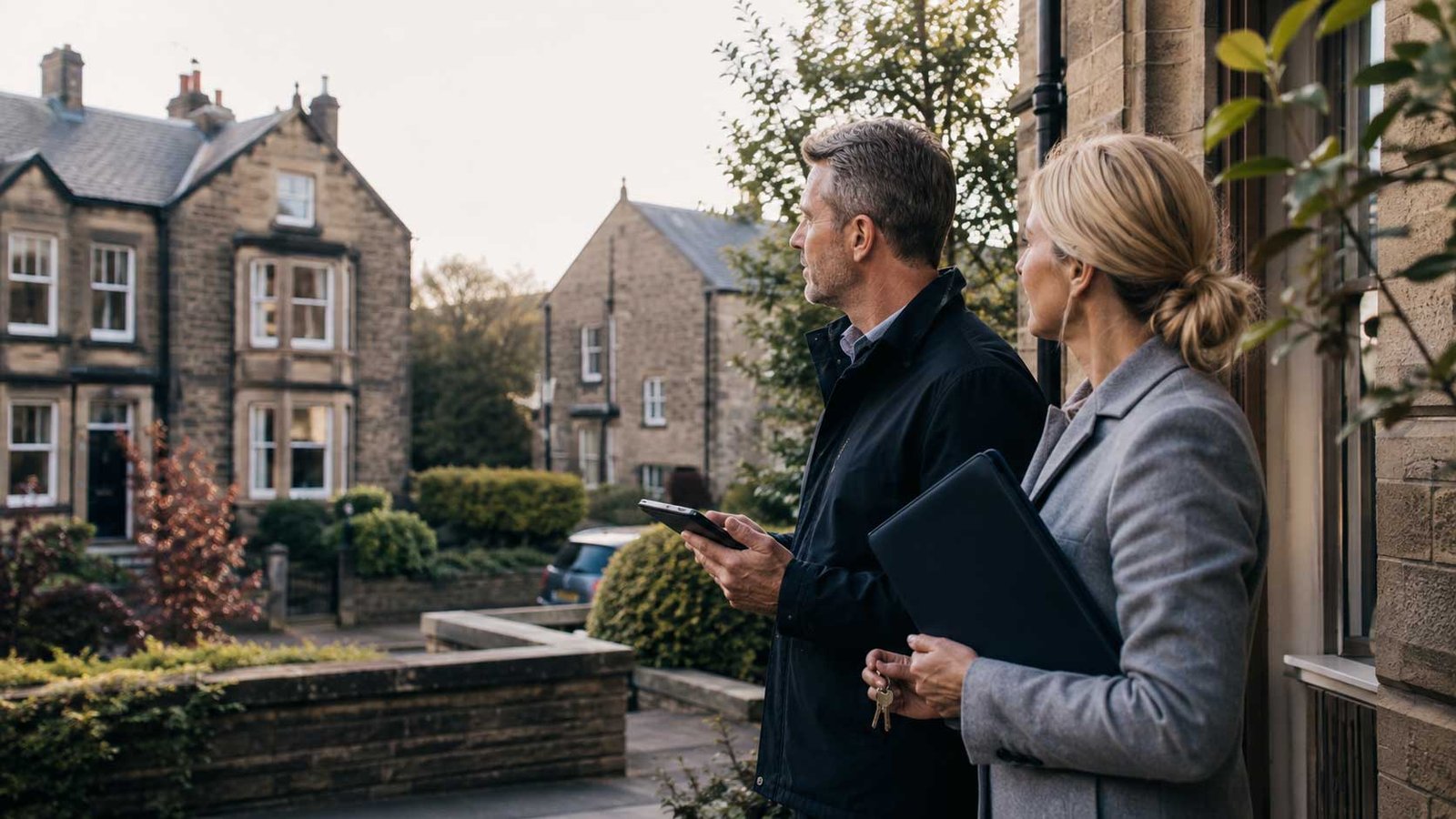 Professional couple reviewing property plans outside UK homes, representing buy-to-let and let-to-buy mortgage advice for property investors.